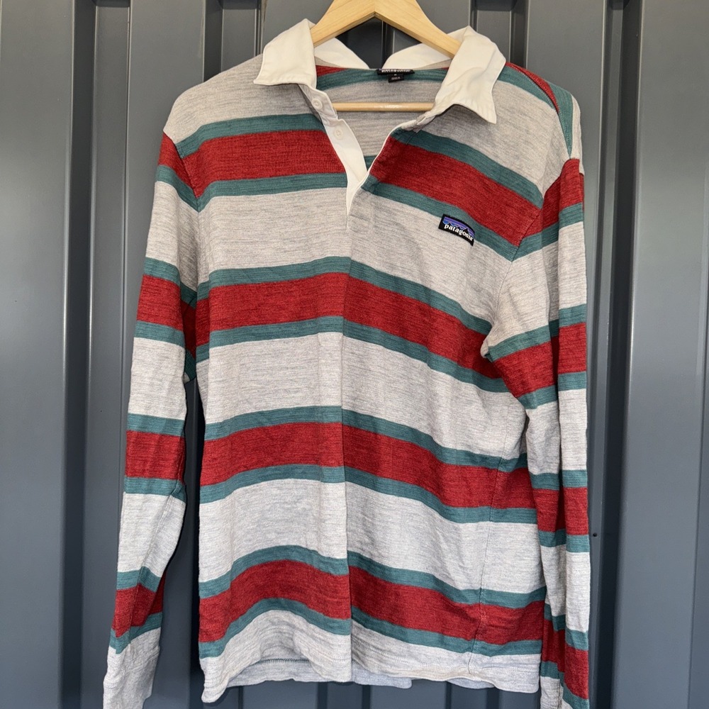 Patagonia Rugby Polo Shirt Men Med  Organic Cotton Stripe Long Sleeve